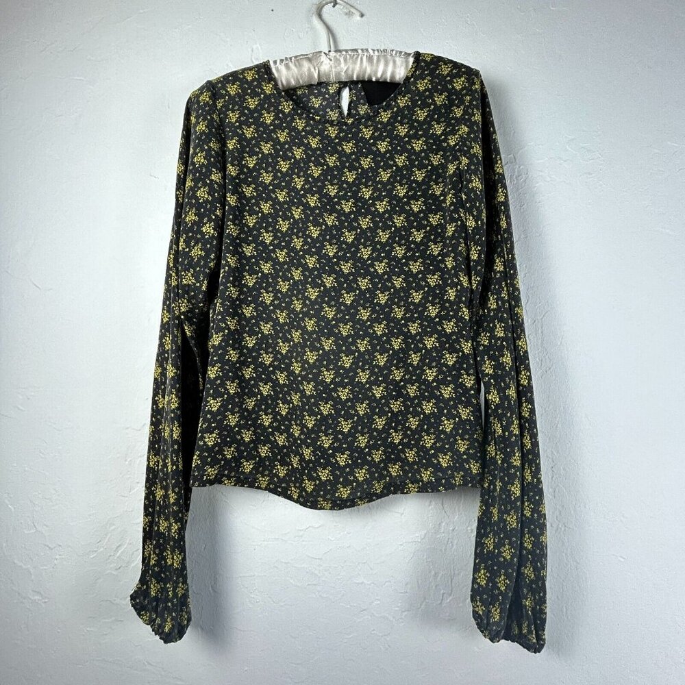 No. 6 Store Women's Floral Print Round Neck  Long Sleeve Blouse Black Size 2
